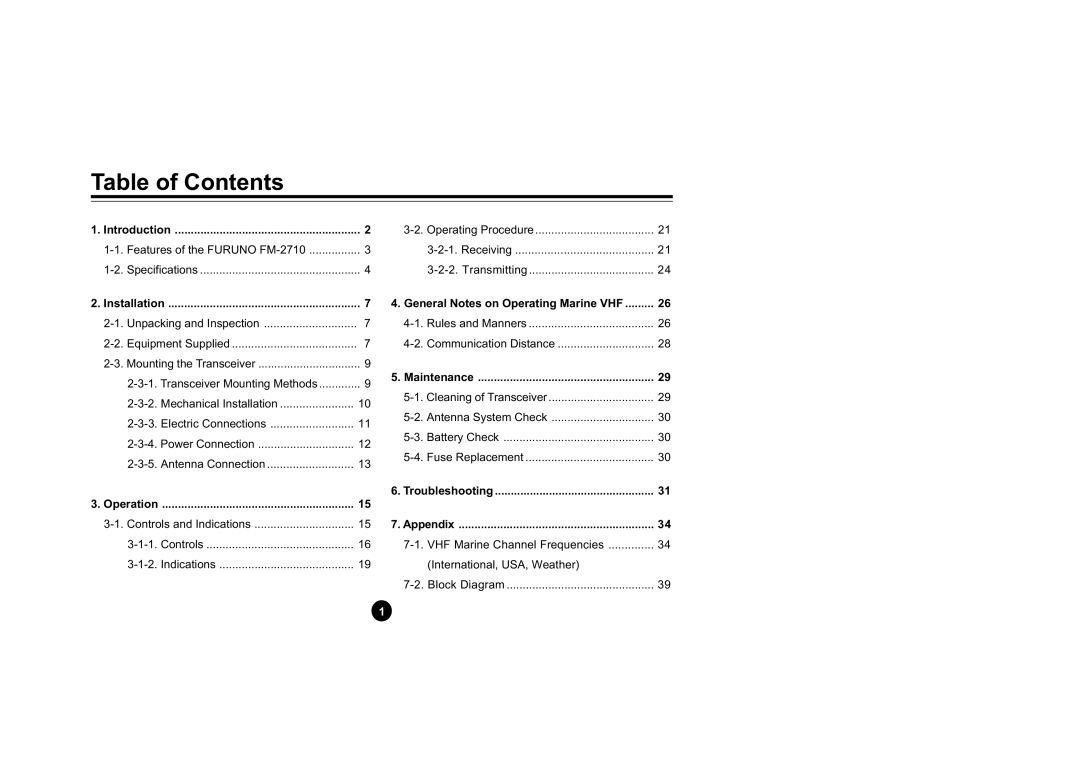 Furuno FM-2710 manual Table of Contents 