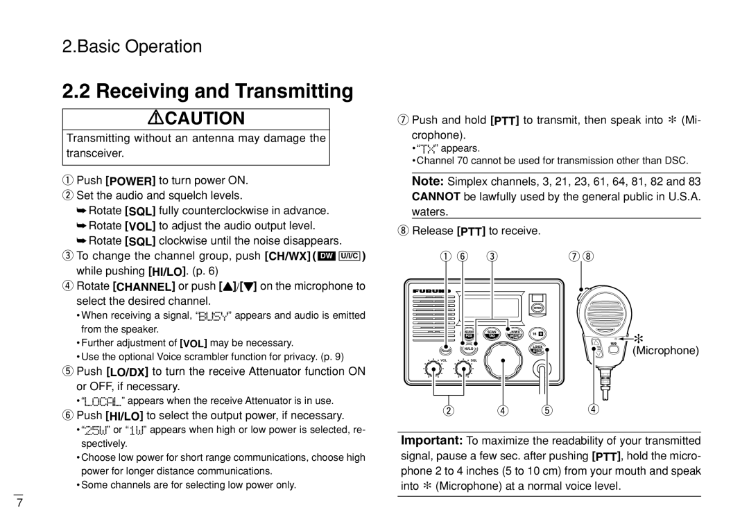 Furuno FM-3000 manual Receiving and Transmitting, Push HI/LO to select the output power, if necessary 