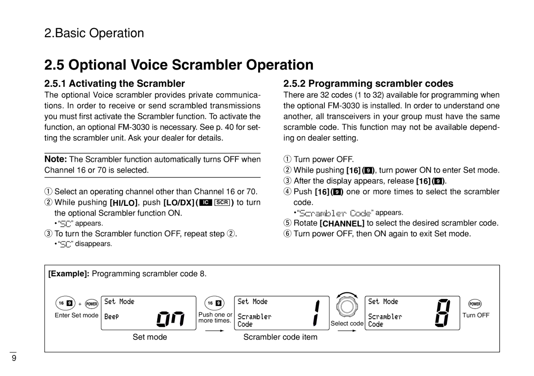 Furuno FM-3000 manual Optional Voice Scrambler Operation, Activating the Scrambler, Programming scrambler codes 