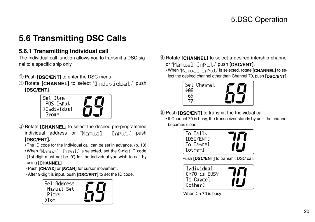 Furuno FM-3000 manual Transmitting DSC Calls, Transmitting Individual call, Push DSC/ENT to transmit the Individual call 