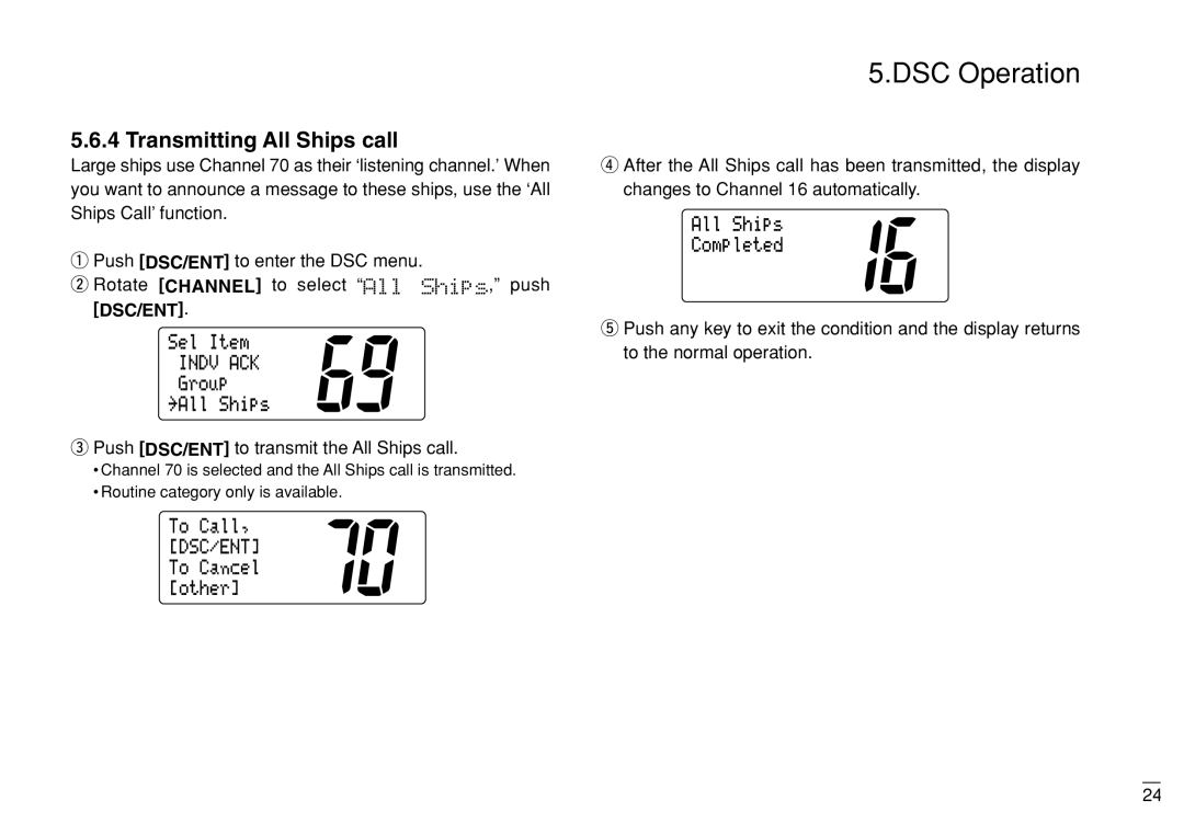 Furuno FM-3000 manual Transmitting All Ships call, Push DSC/ENT to transmit the All Ships call 