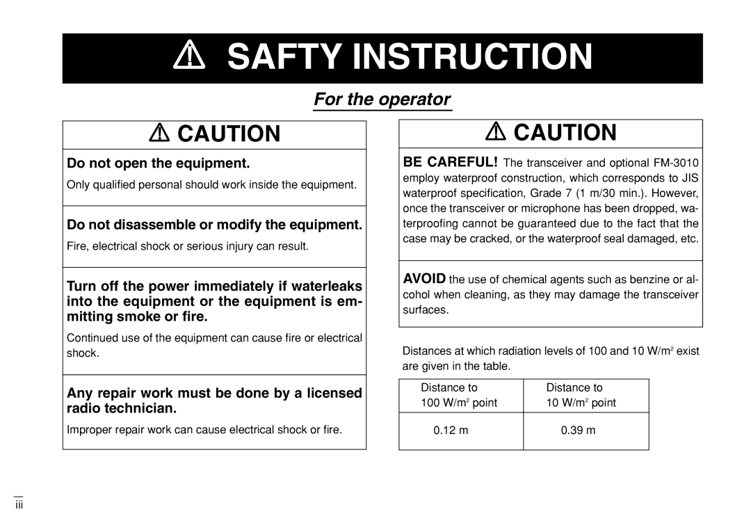 Furuno FM-3000 manual Do not open the equipment, Do not disassemble or modify the equipment 