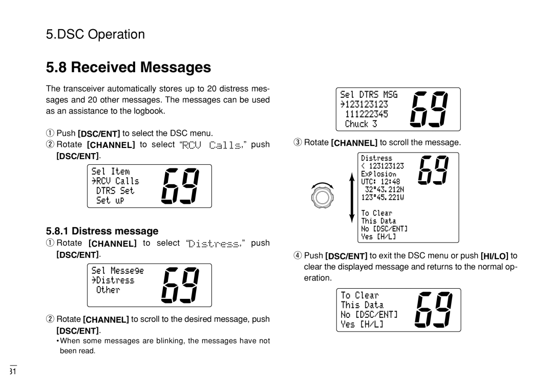 Furuno FM-3000 manual Received Messages, Distress message, Rotate Channel to select Distress, push DSC/ENT 