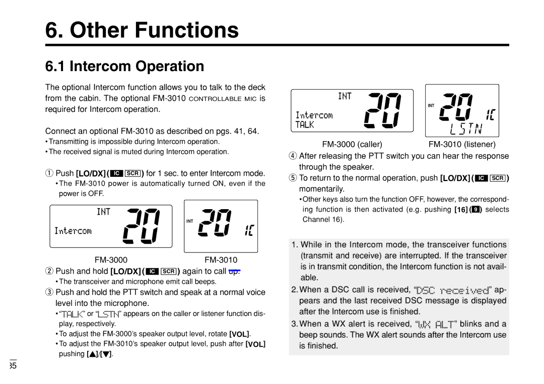 Furuno manual Other Functions, Intercom Operation, FM-3000 caller, Push LO/DX IC SCR for 1 sec. to enter Intercom mode 