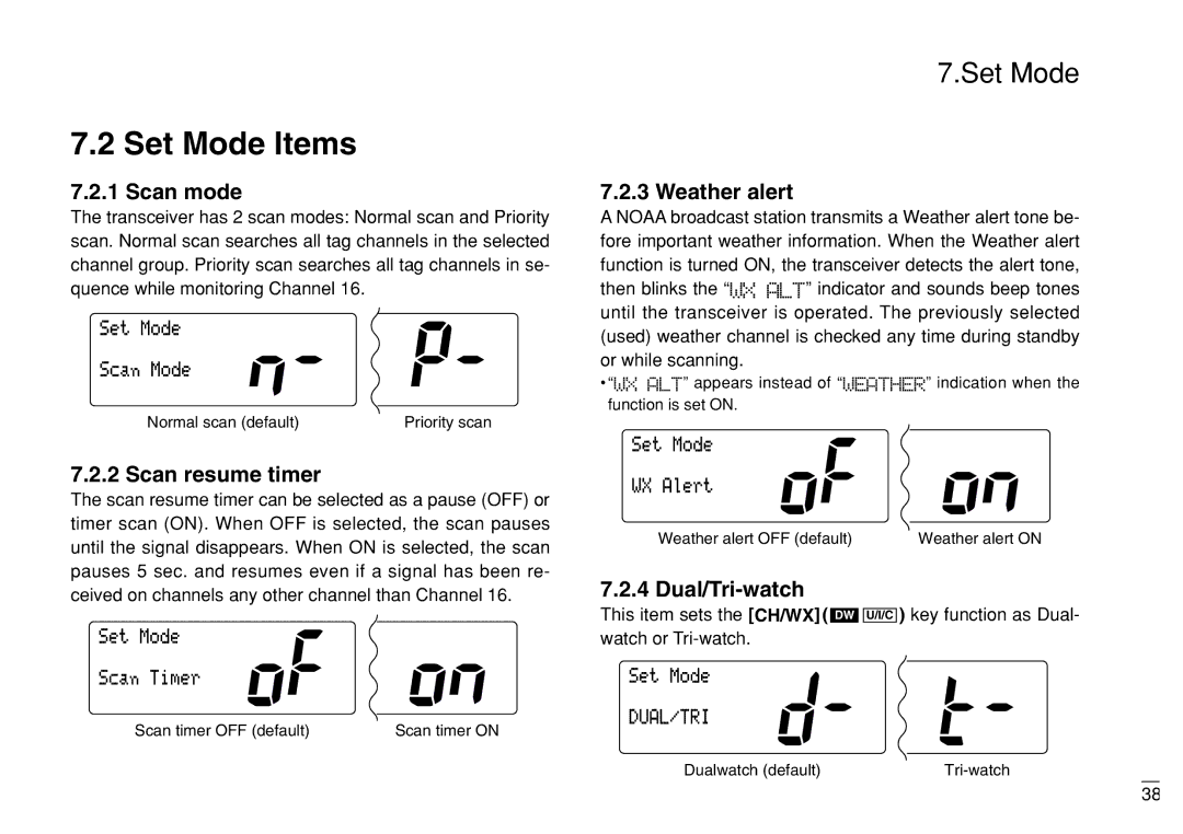 Furuno FM-3000 manual Set Mode Items, Scan mode, Scan resume timer, Weather alert, Dual/Tri-watch 