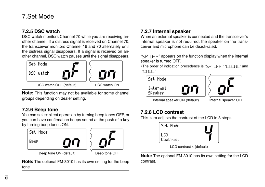 Furuno FM-3000 DSC watch, Beep tone, Internal speaker, LCD contrast, This item adjusts the contrast of the LCD in 8 steps 