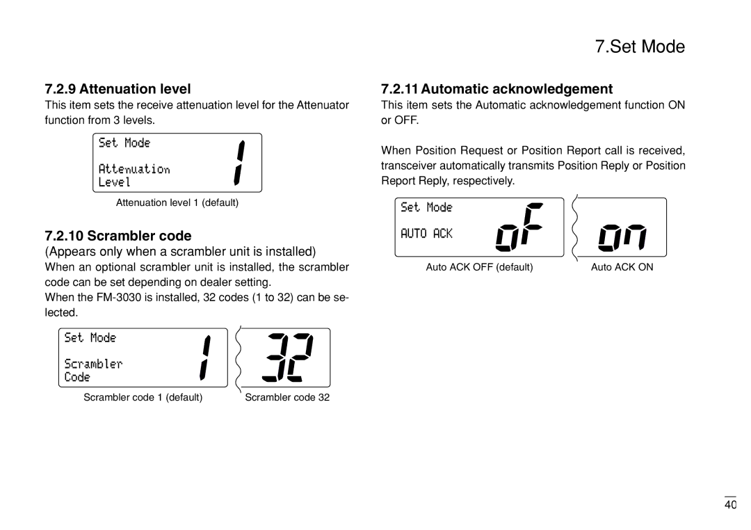 Furuno FM-3000 manual Attenuation level, Scrambler code, Automatic acknowledgement 