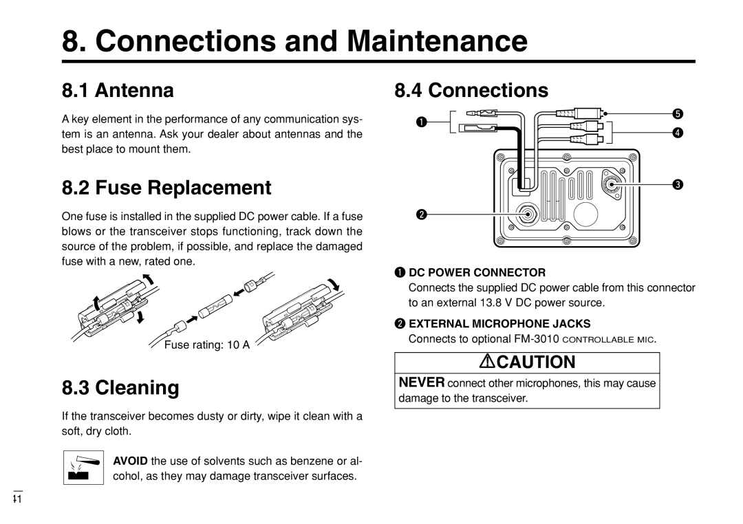 Furuno FM-3000 manual Connections and Maintenance, Antenna Connections, Fuse Replacement, Cleaning 