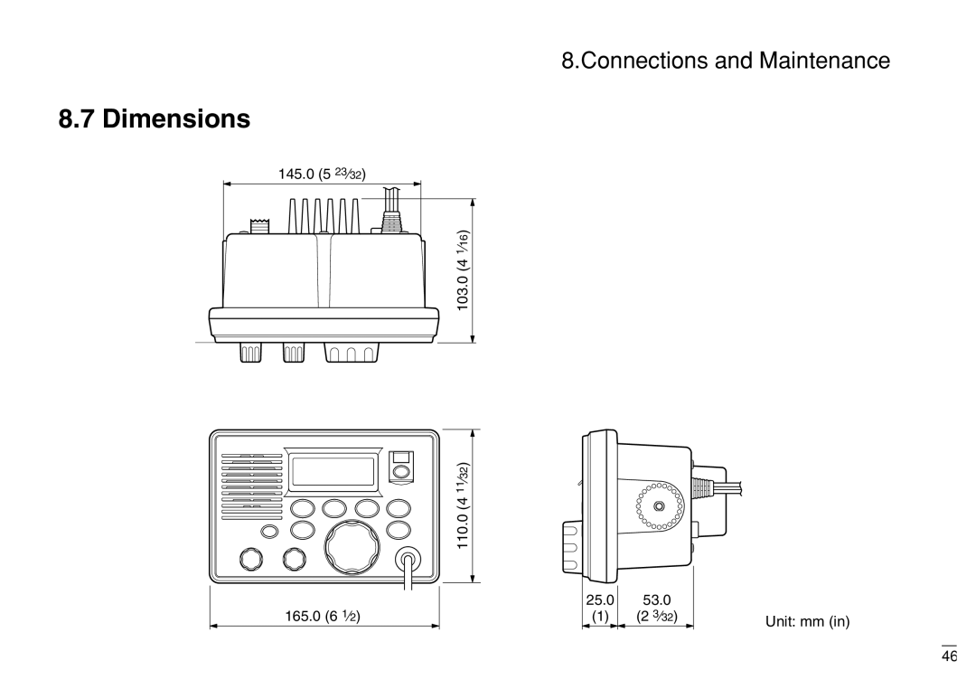 Furuno FM-3000 manual Dimensions, 145.0 5 23⁄32 103.0 110.0 4 11⁄32 165.0 6 1⁄2, 53.0 ⁄32 Unit mm 