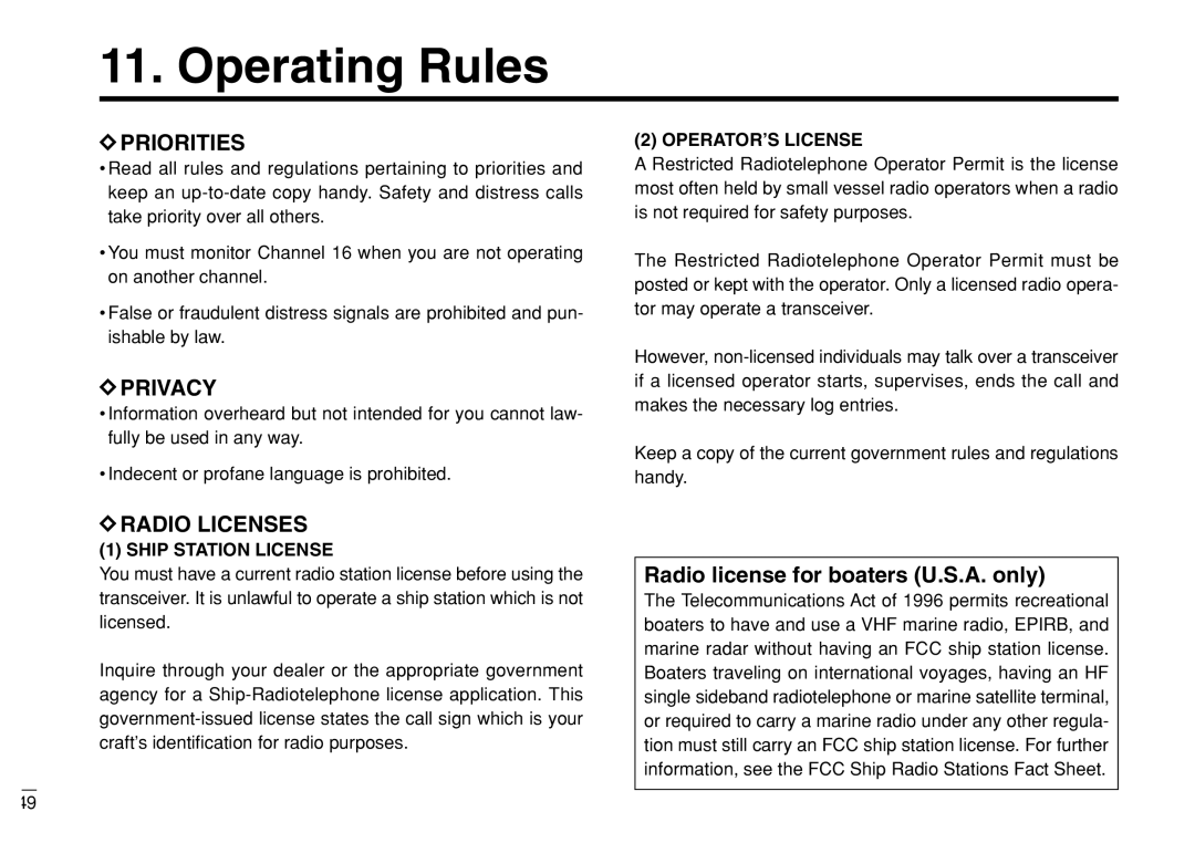 Furuno FM-3000 manual Operating Rules, Radio license for boaters U.S.A. only 