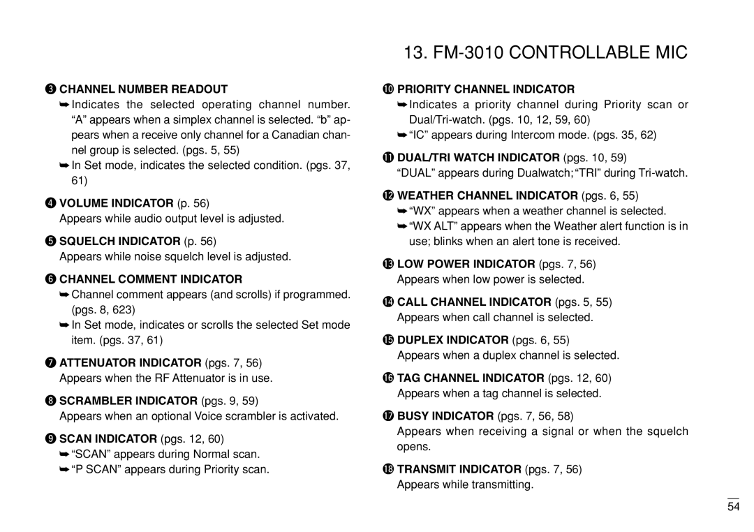 Furuno FM-3000 manual Volume Indicator p, Squelch Indicator p, Scan Indicator pgs, 1DUAL/TRI Watch Indicator pgs 