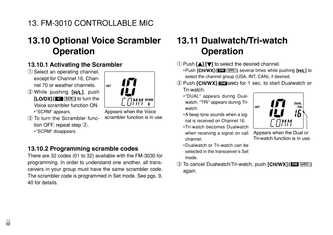 Furuno FM-3000 manual Dualwatch/Tri-watch Operation, Programming scramble codes, Push Y/Z to select the desired channel 