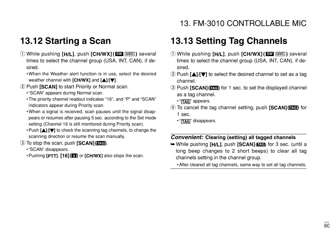 Furuno FM-3000 manual To stop the scan, push Scan TAG, To cancel the tag channel setting, push Scan TAG for 1 sec 