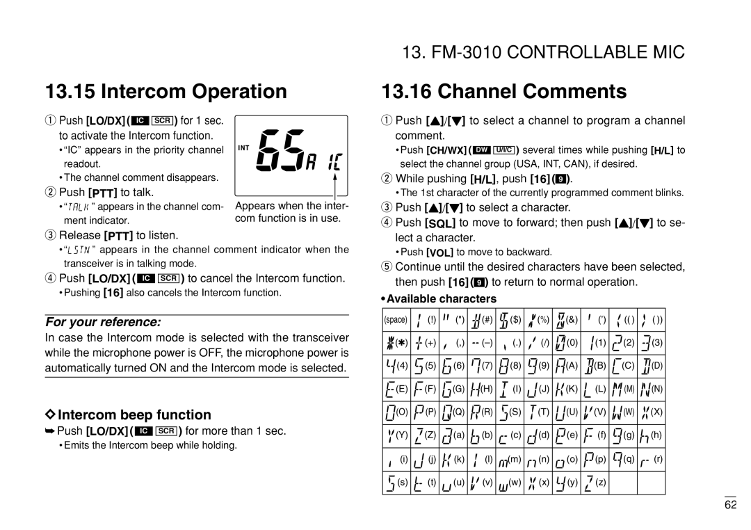 Furuno FM-3000 manual Intercom beep function, Push SQL to move to forward then push Y/Z to se, Available characters 