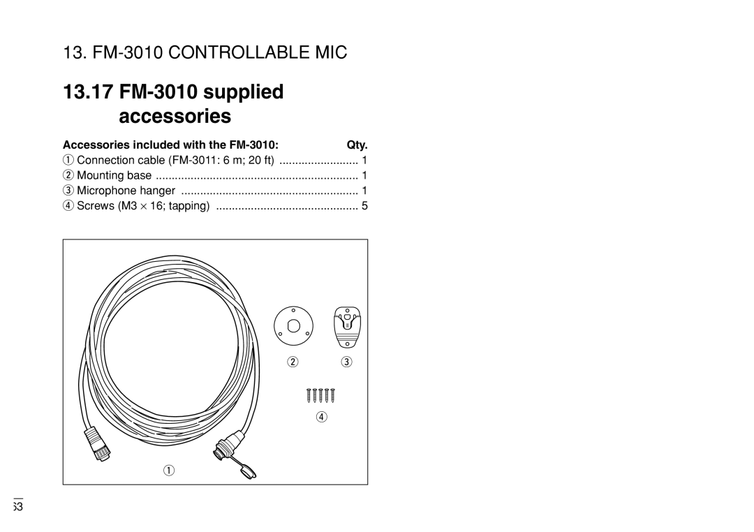 Furuno FM-3000 manual 13.17 FM-3010 supplied accessories, Accessories included with the FM-3010 Qty 