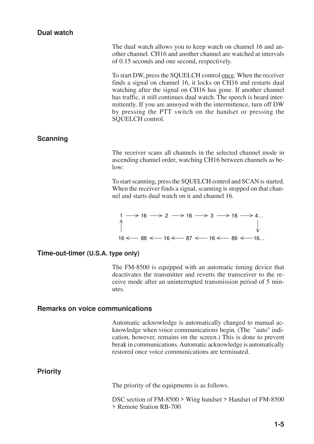 Furuno FM-8500 manual Dual watch, Scanning, Remarks on voice communications, Priority 