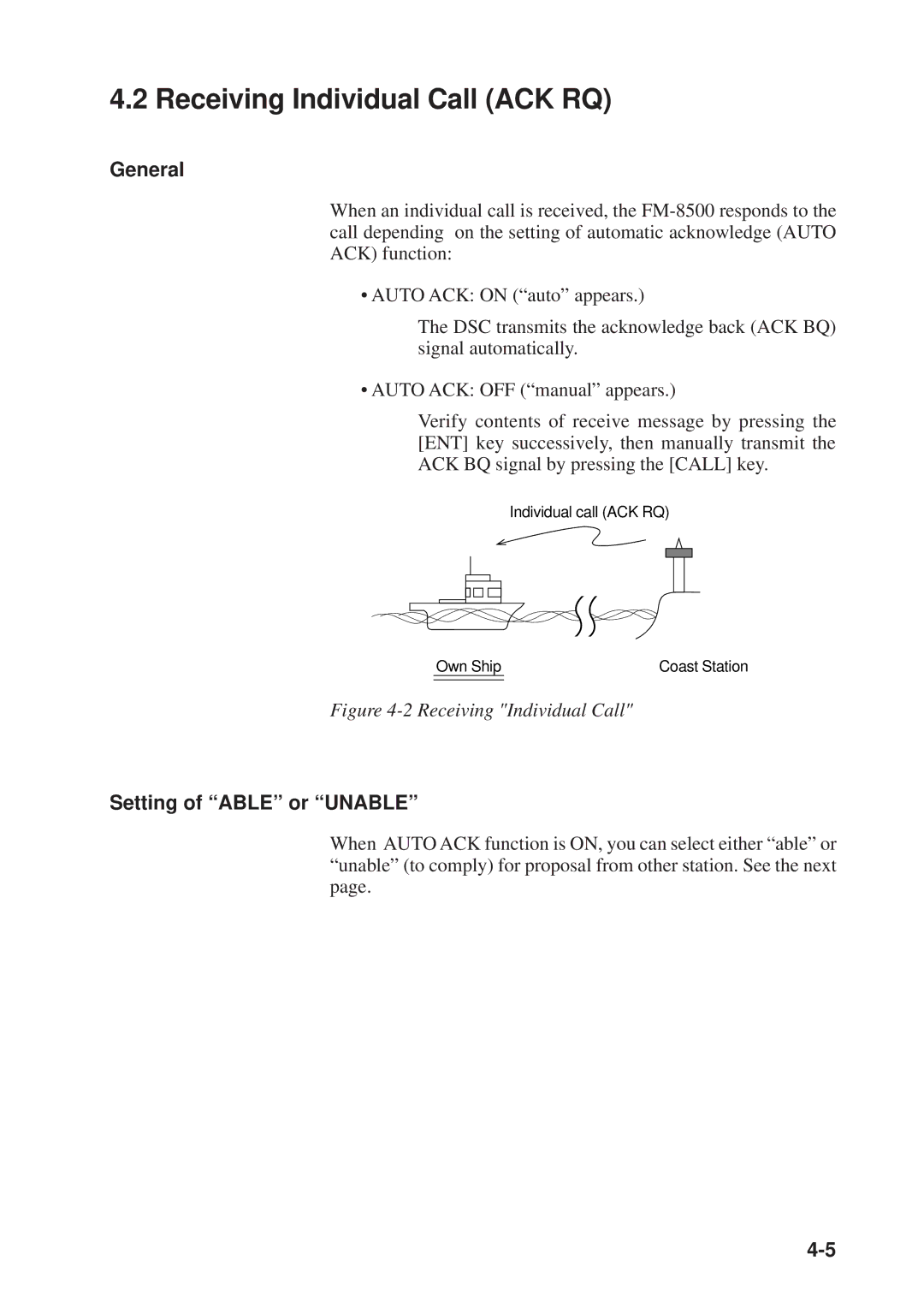 Furuno FM-8500 manual Receiving Individual Call ACK RQ, Setting of Able or Unable 