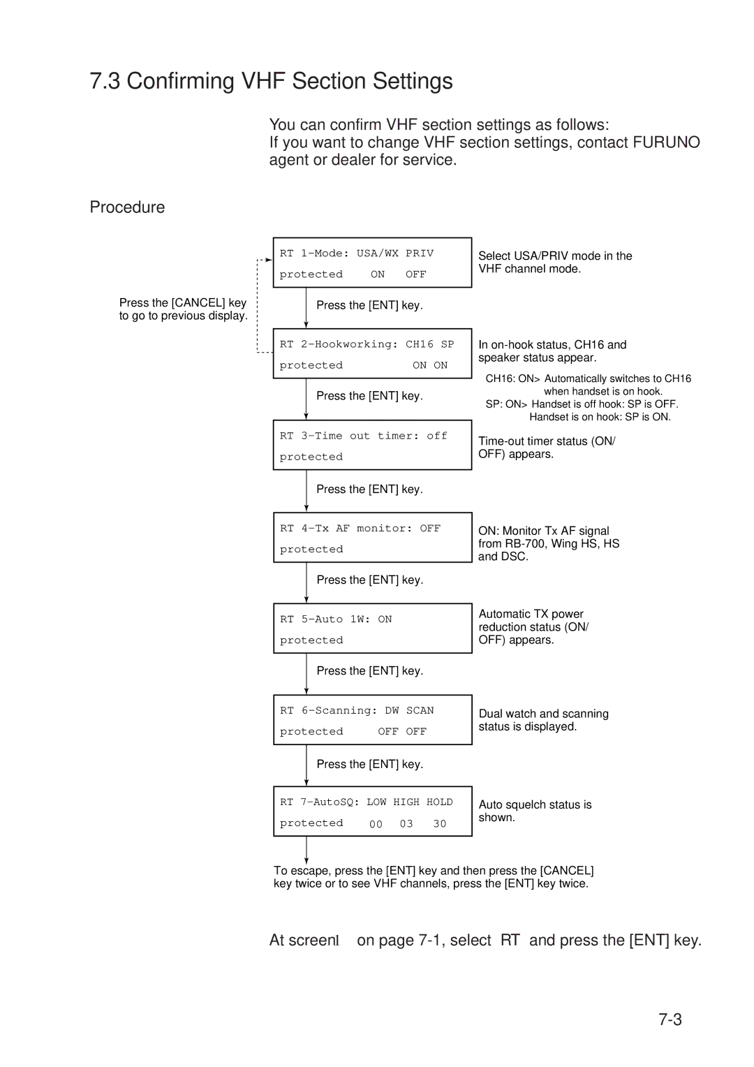 Furuno FM-8500 manual Confirming VHF Section Settings, At screen 1 on page 7-1, select RT and press the ENT key 