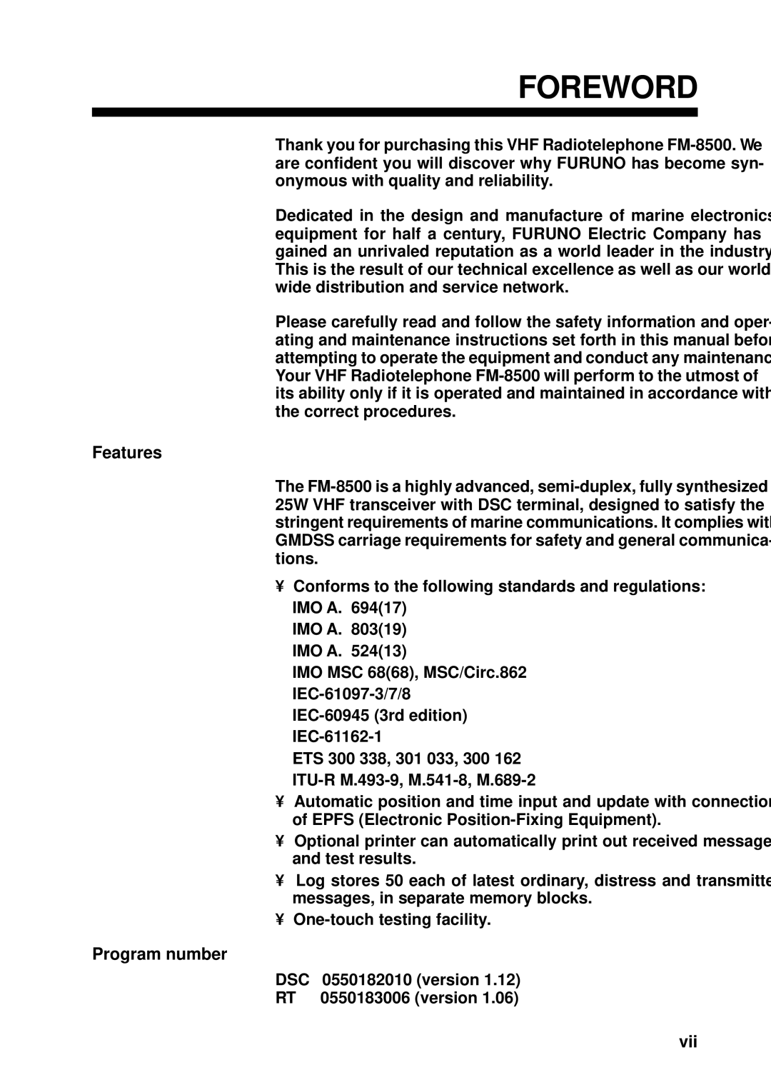 Furuno FM-8500 manual Features, Program number, Vii 