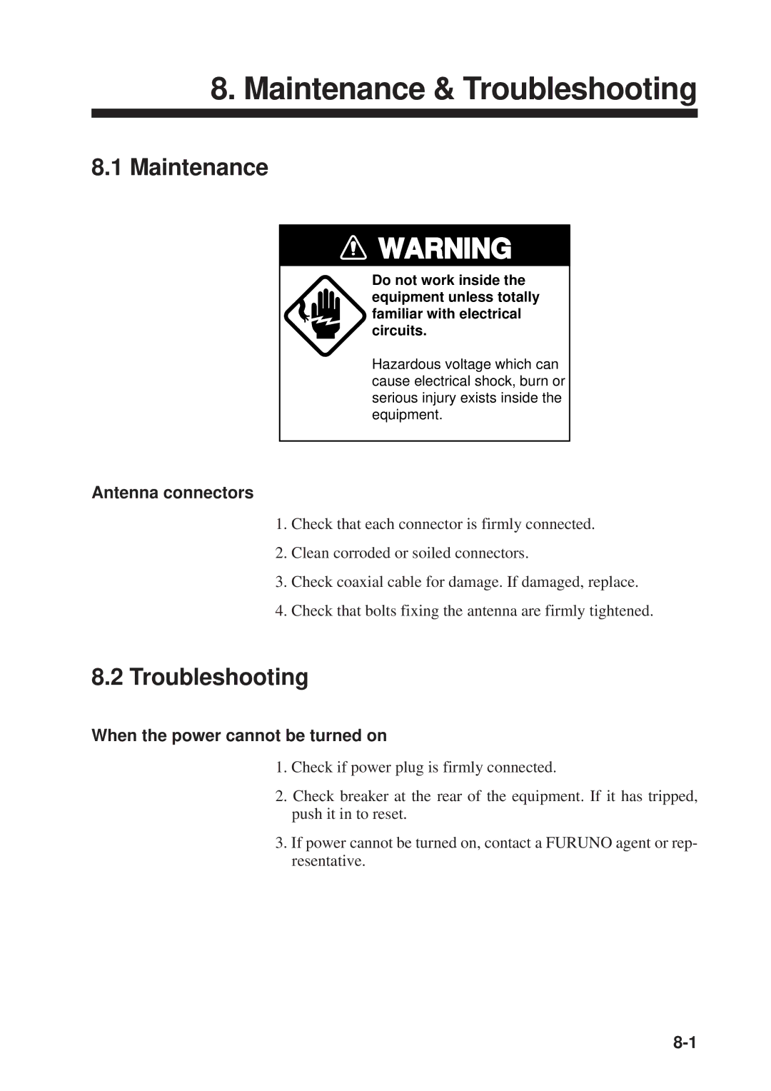 Furuno FM-8500 manual Maintenance & Troubleshooting, Antenna connectors, When the power cannot be turned on 