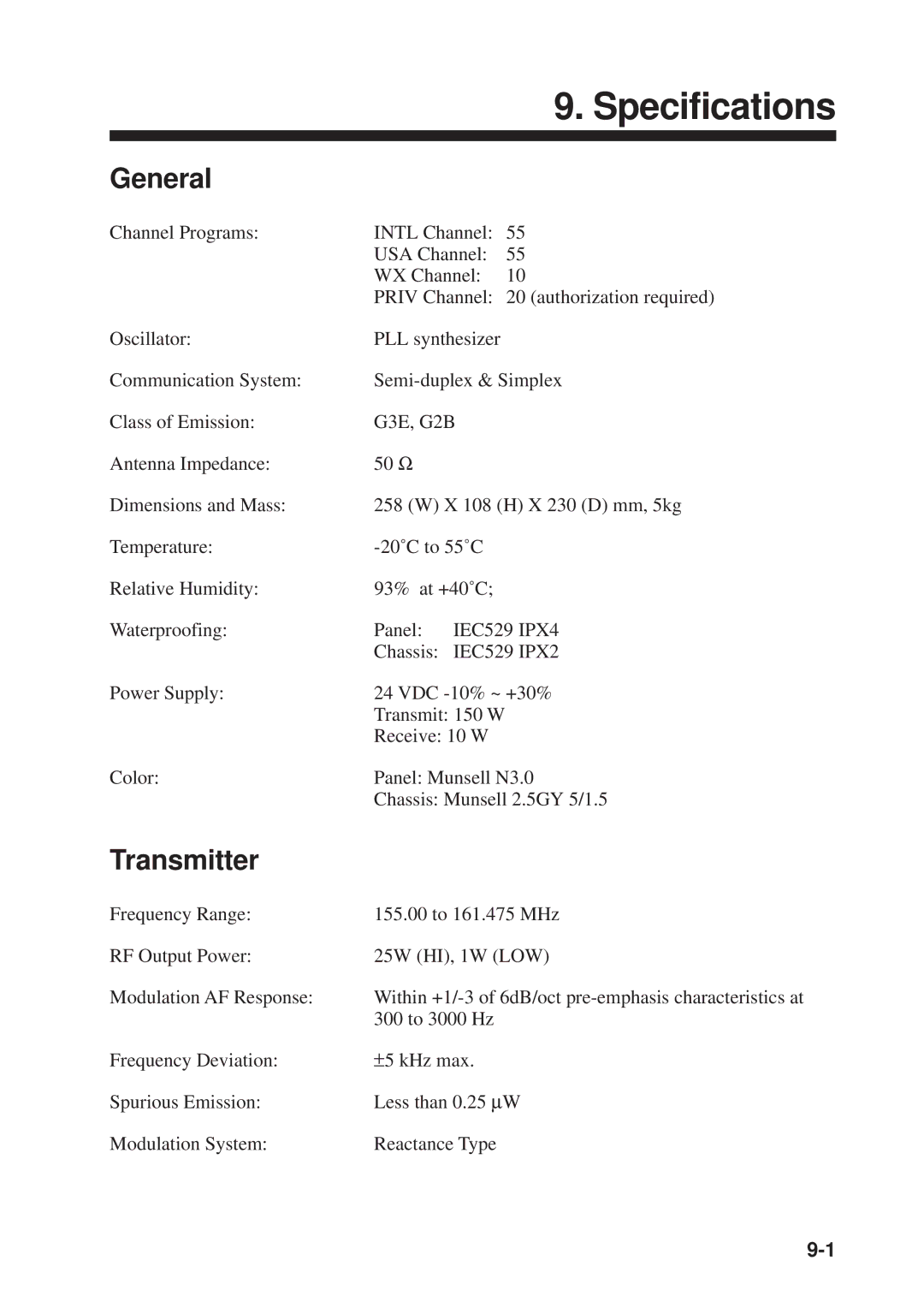 Furuno FM-8500 manual Specifications, General, Transmitter 