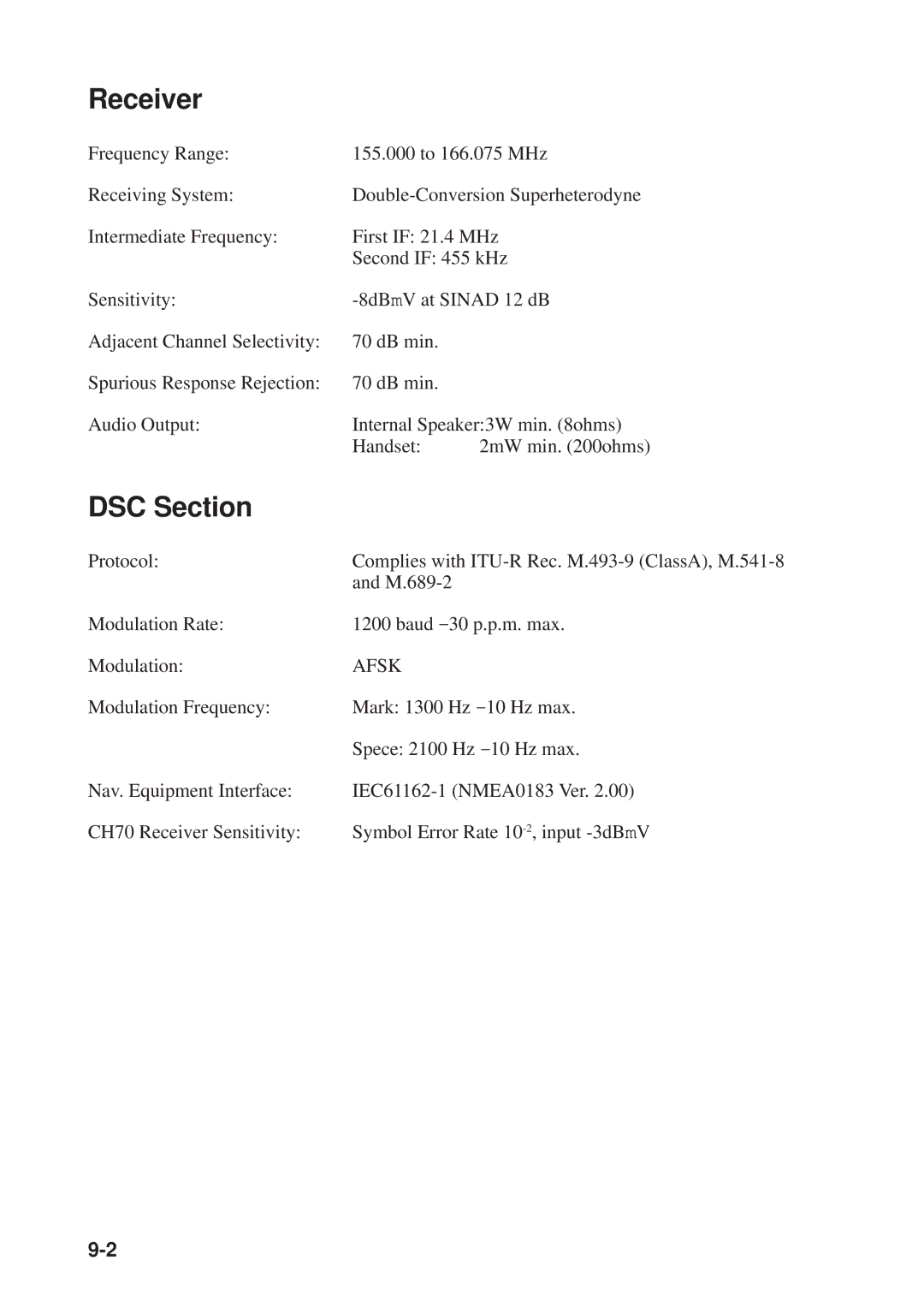 Furuno FM-8500 manual Receiver, DSC Section, Protocol, M.689-2, Modulation Rate Baud -30 p.p.m. max 