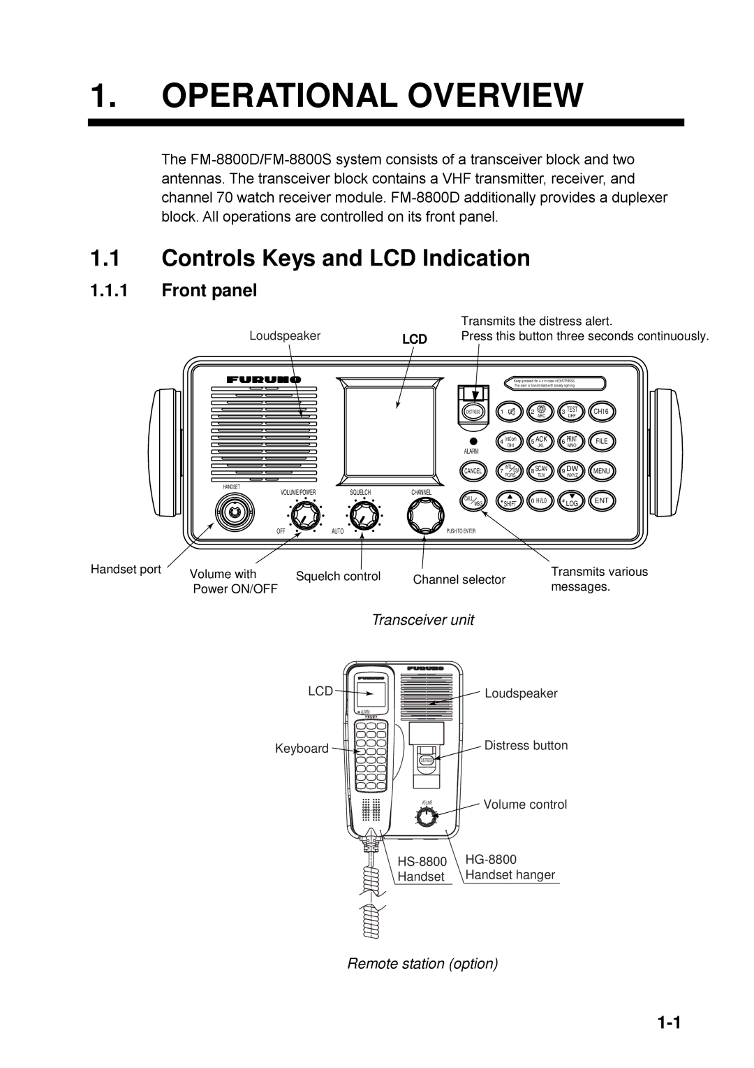 Furuno FM-8800D manual Operational Overview, Controls Keys and LCD Indication, Front panel 