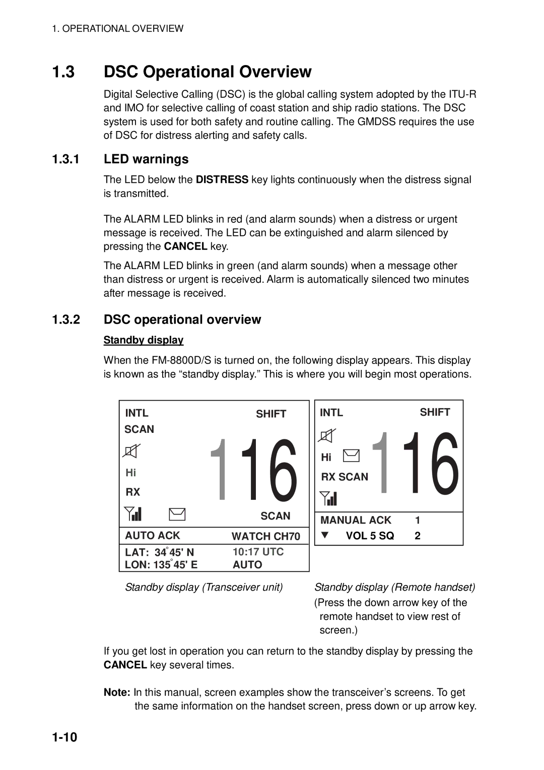 Furuno FM-8800D manual DSC Operational Overview, LED warnings, DSC operational overview, Standby display 