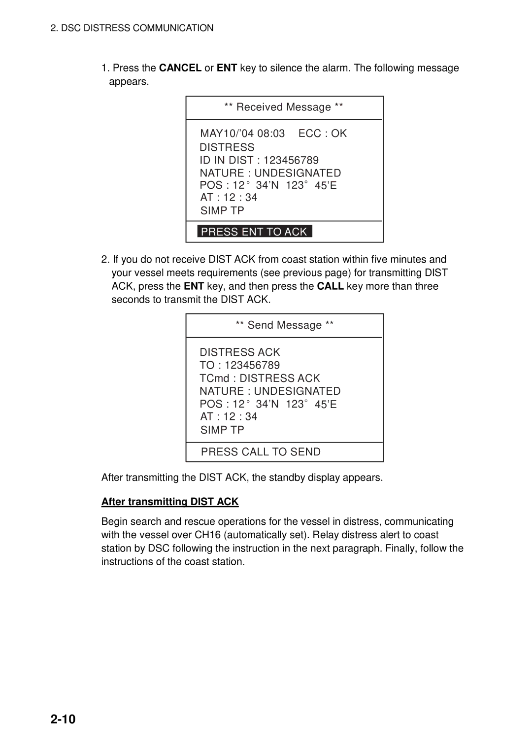 Furuno FM-8800D manual Distress, Press ENT to ACK, Simp TP Press Call to Send, After transmitting Dist ACK 