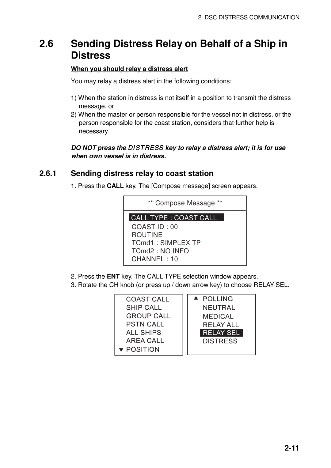 Furuno FM-8800D Sending Distress Relay on Behalf of a Ship in Distress, Sending distress relay to coast station, Channel 