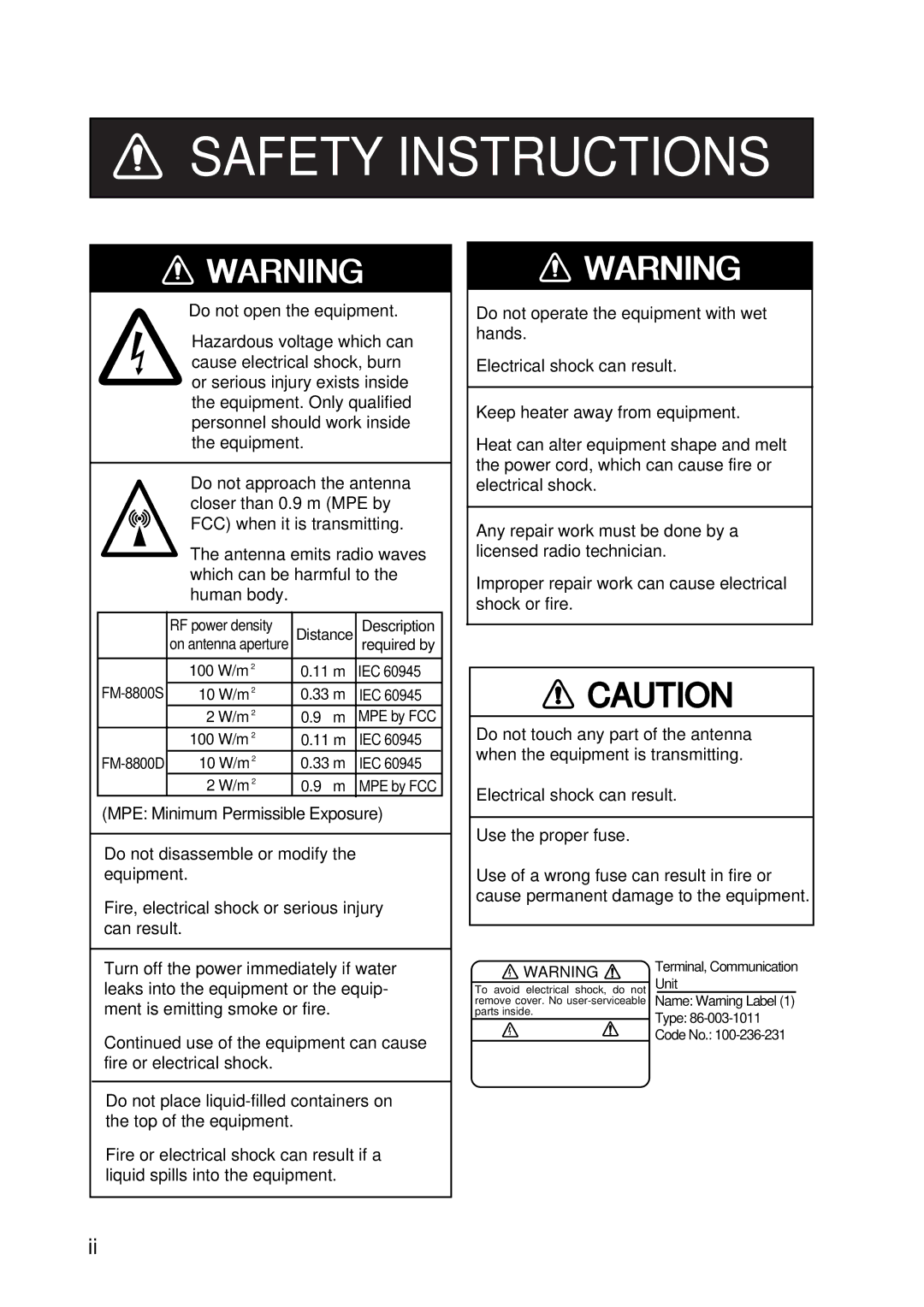 Furuno FM-8800D manual Safety Instructions 