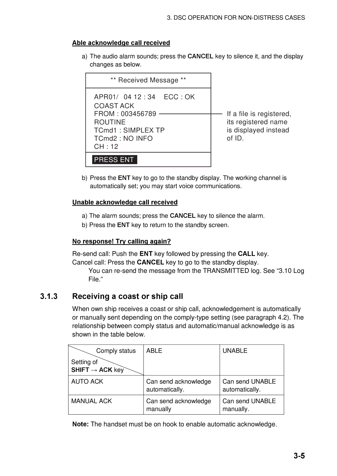 Furuno FM-8800D manual Receiving a coast or ship call, Able acknowledge call received, Unable acknowledge call received 