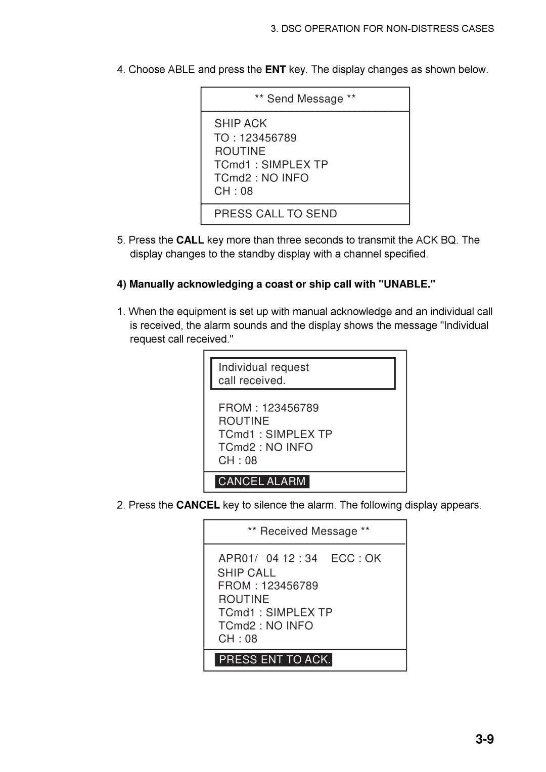 Furuno FM-8800D manual Ship ACK Routine, Manually acknowledging a coast or ship call with Unable 