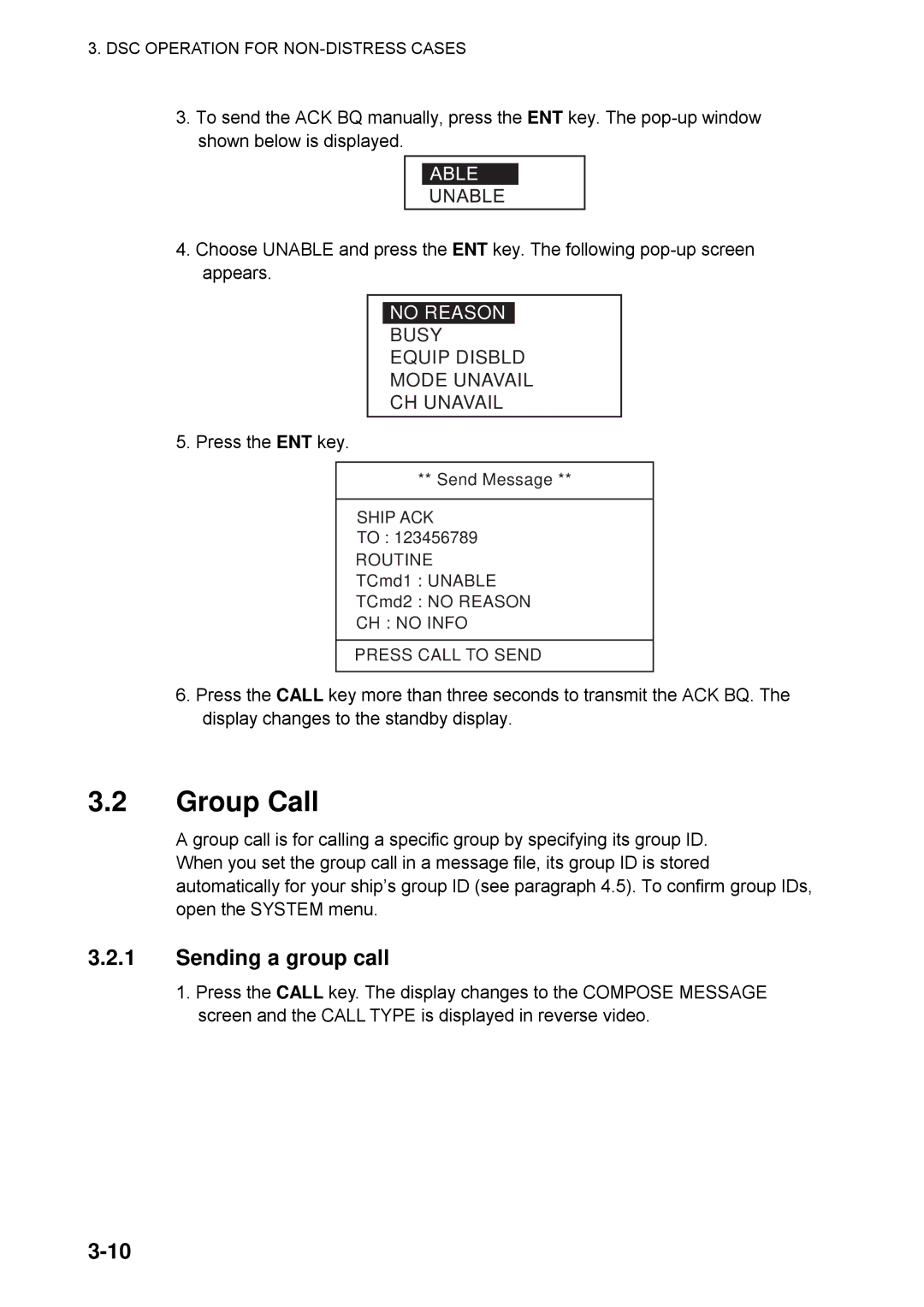 Furuno FM-8800D manual Group Call, Sending a group call, No Reason, Busy Equip Disbld Mode Unavail CH Unavail 