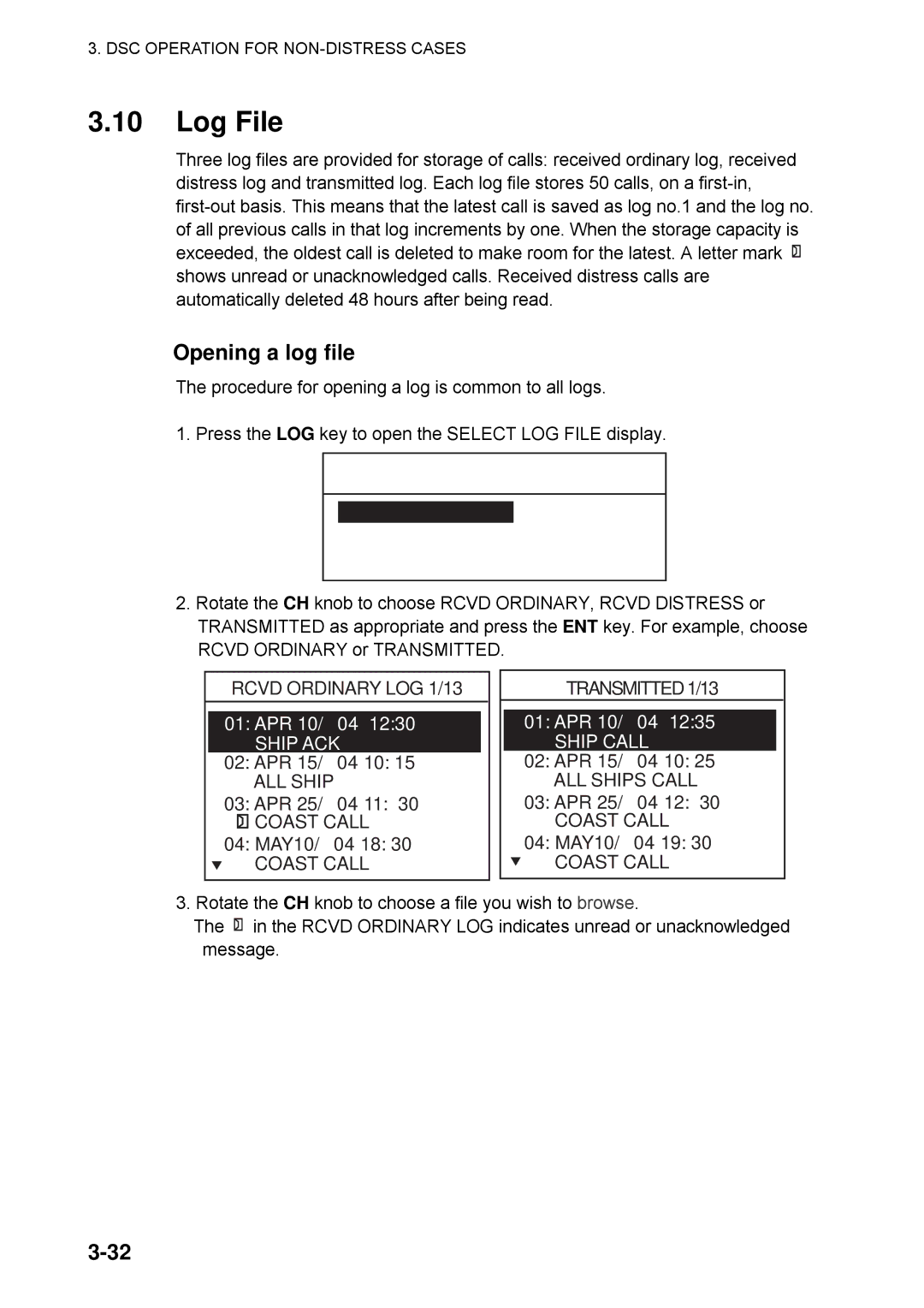 Furuno FM-8800D manual Log File, Opening a log file, Ship ACK, Ship Call 