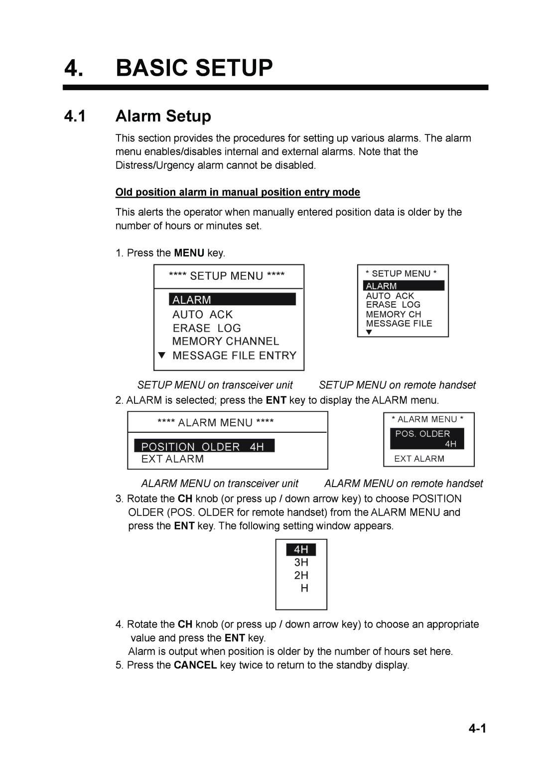 Furuno FM-8800D Basic Setup, Alarm Setup, Position Older 4H, Old position alarm in manual position entry mode 