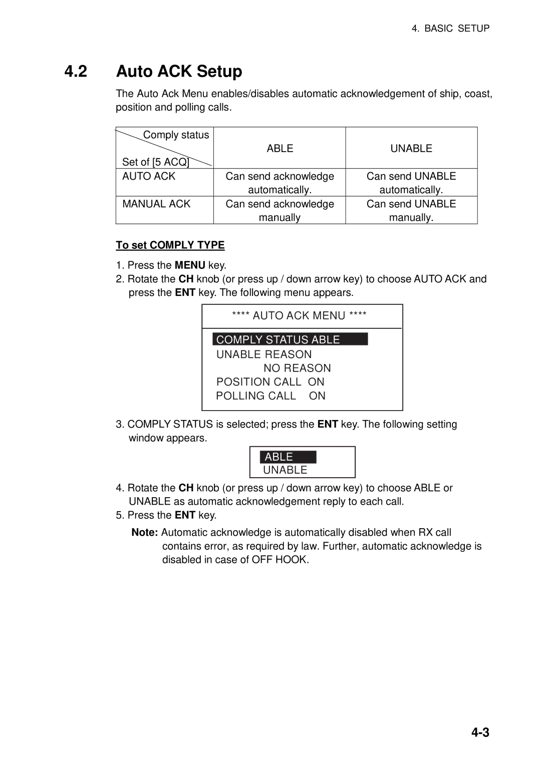 Furuno FM-8800D manual Auto ACK Setup, Comply Status Able, Unable Reason No Reason Position Call on Polling Call on 