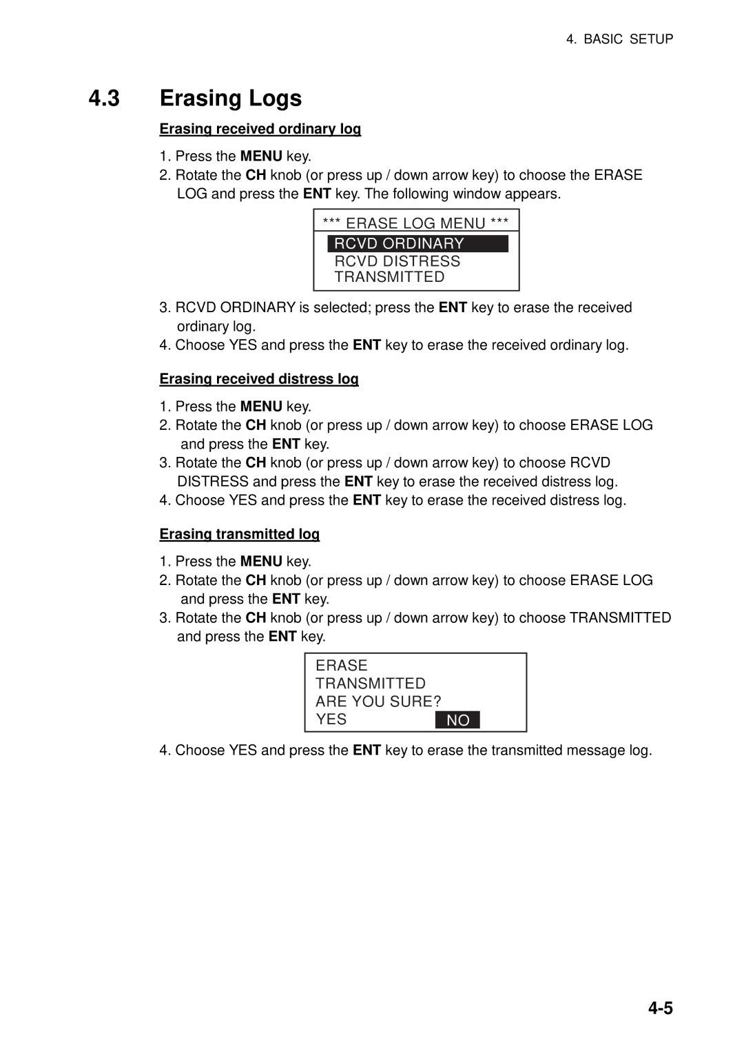 Furuno FM-8800D manual Erasing Logs, Erase LOG Menu, Rcvd Ordinary, Rcvd Distress Transmitted 