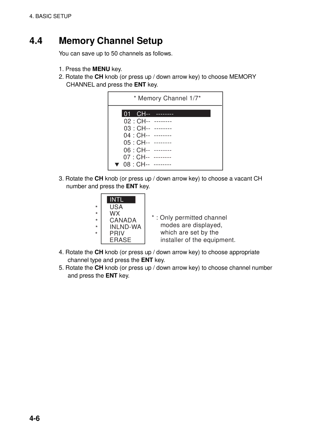 Furuno FM-8800D manual Memory Channel Setup, Intl, USA WX Canada INLND-WA Priv Erase 