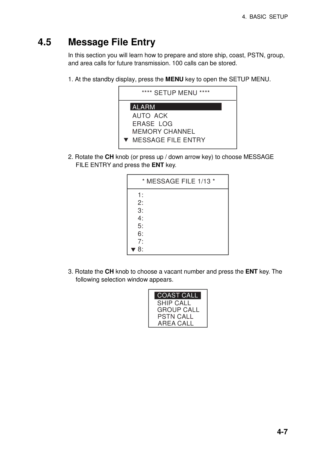 Furuno FM-8800D manual Auto ACK Erase LOG Memory Channel Message File Entry, Message File 1/13, Coast Call 