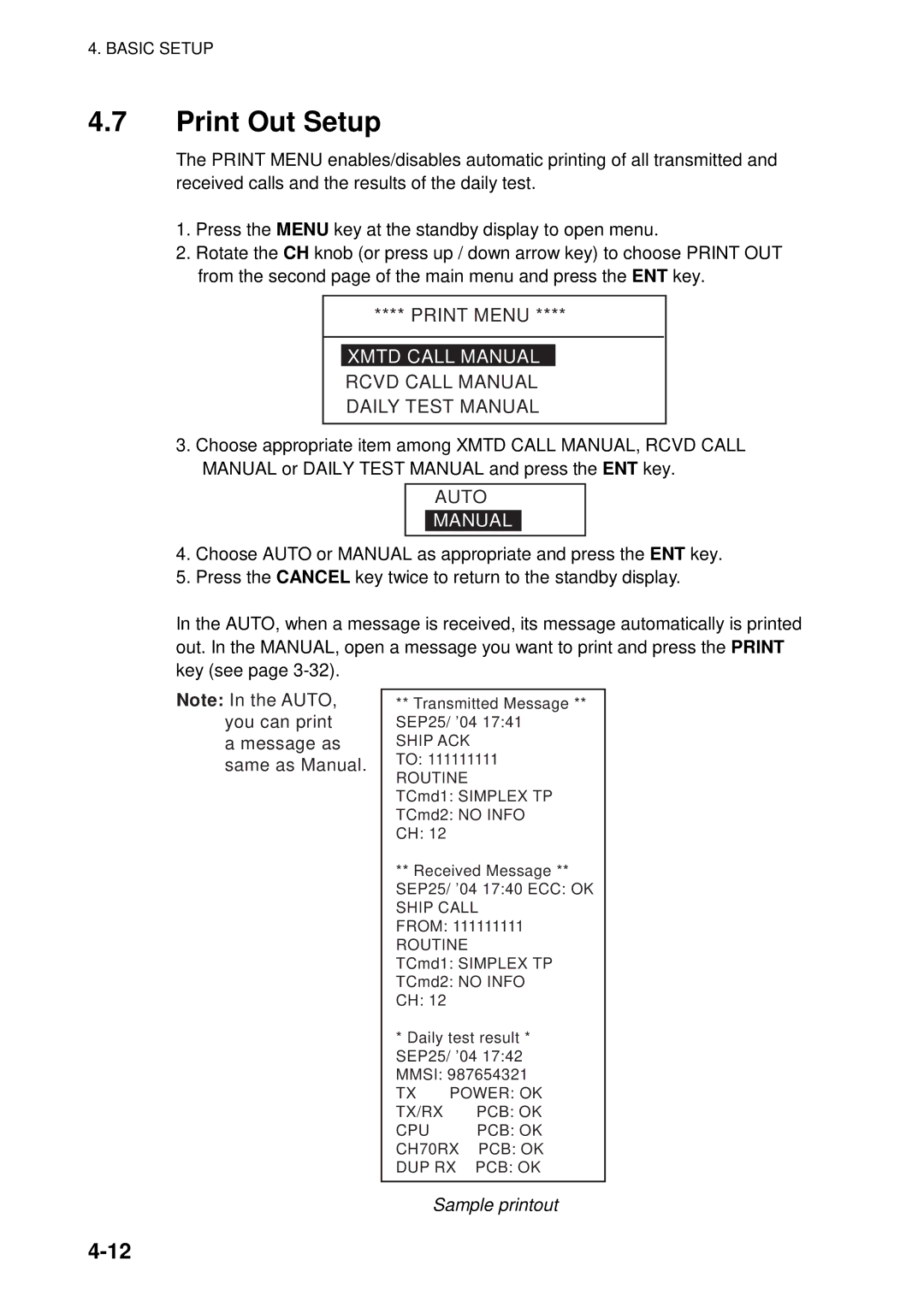 Furuno FM-8800D manual Print Out Setup, Xmtd Call Manual, Rcvd Call Manual Daily Test Manual 