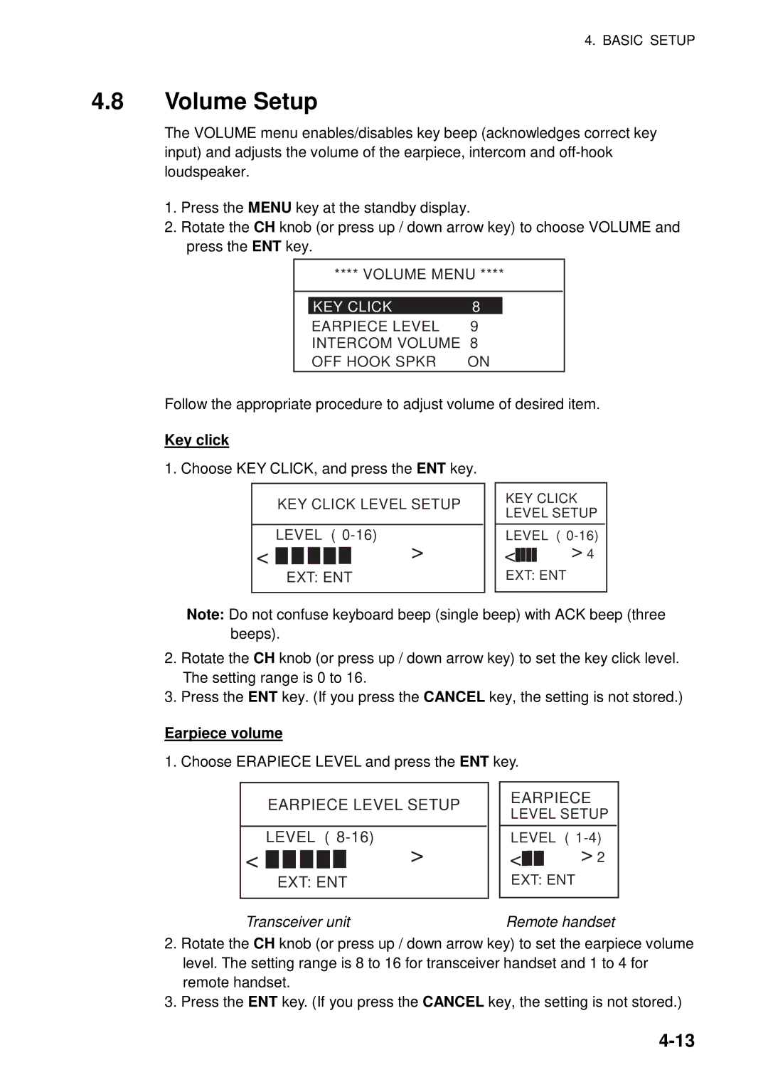 Furuno FM-8800D manual Volume Setup, Earpiece Level Setup, Ext Ent, Key click, Earpiece volume 