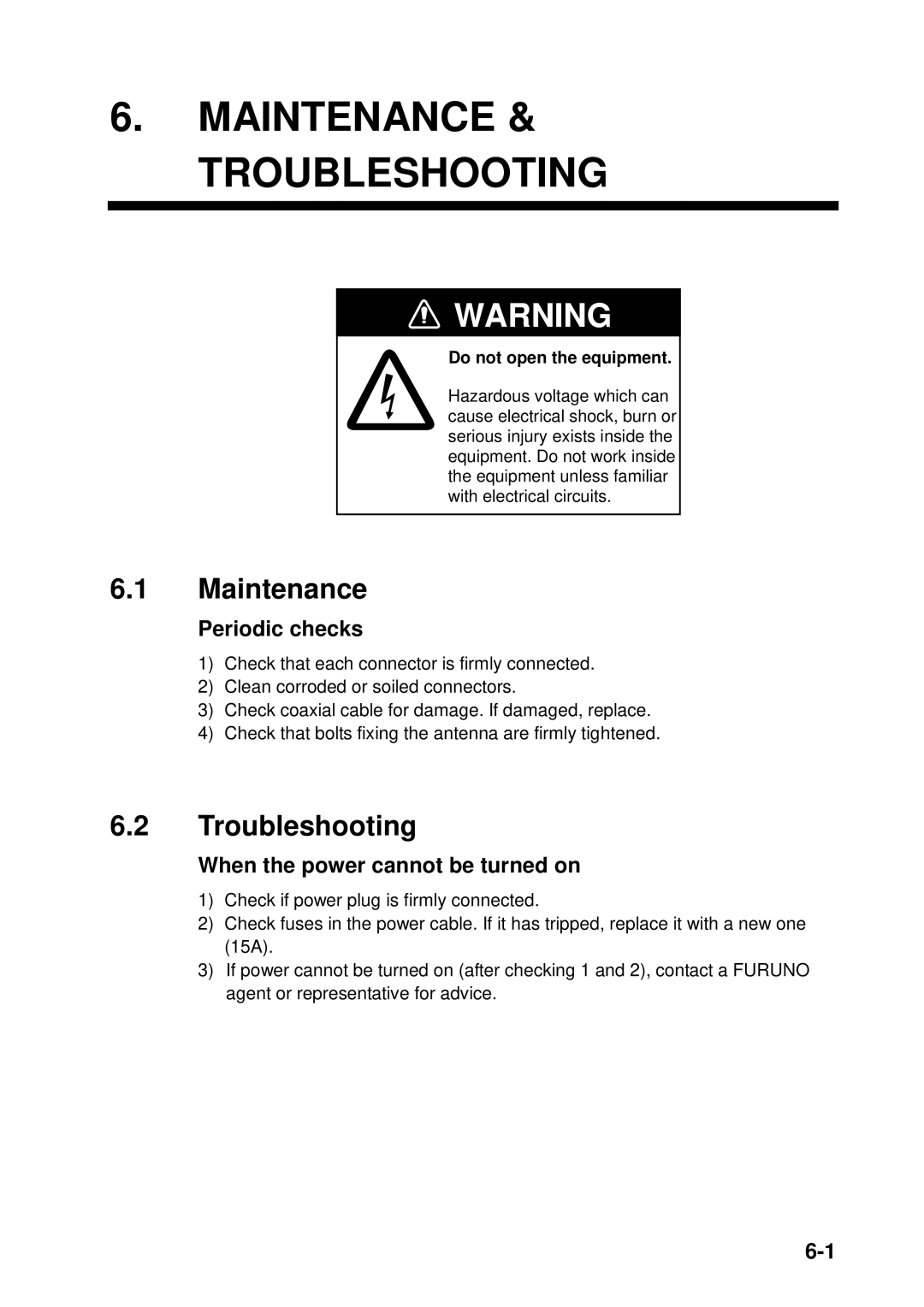 Furuno FM-8800D manual Maintenance & Troubleshooting, Periodic checks, When the power cannot be turned on 