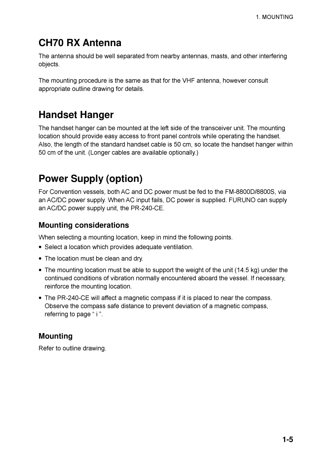 Furuno FM-8800D/8800S manual CH70 RX Antenna, Handset Hanger, Power Supply option, Mounting 