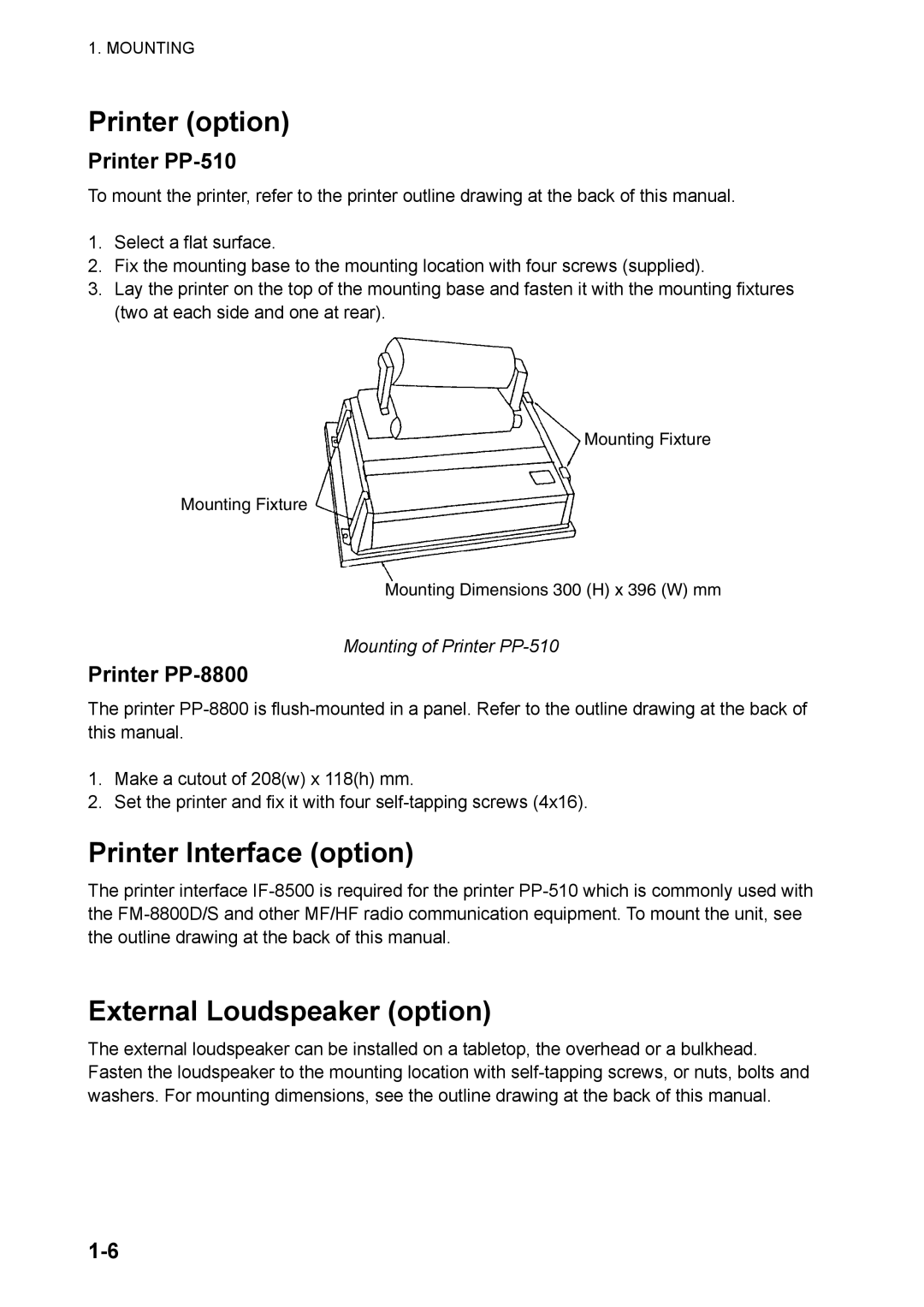 Furuno FM-8800D/8800S manual Printer option, Printer Interface option, External Loudspeaker option, Printer PP-510 