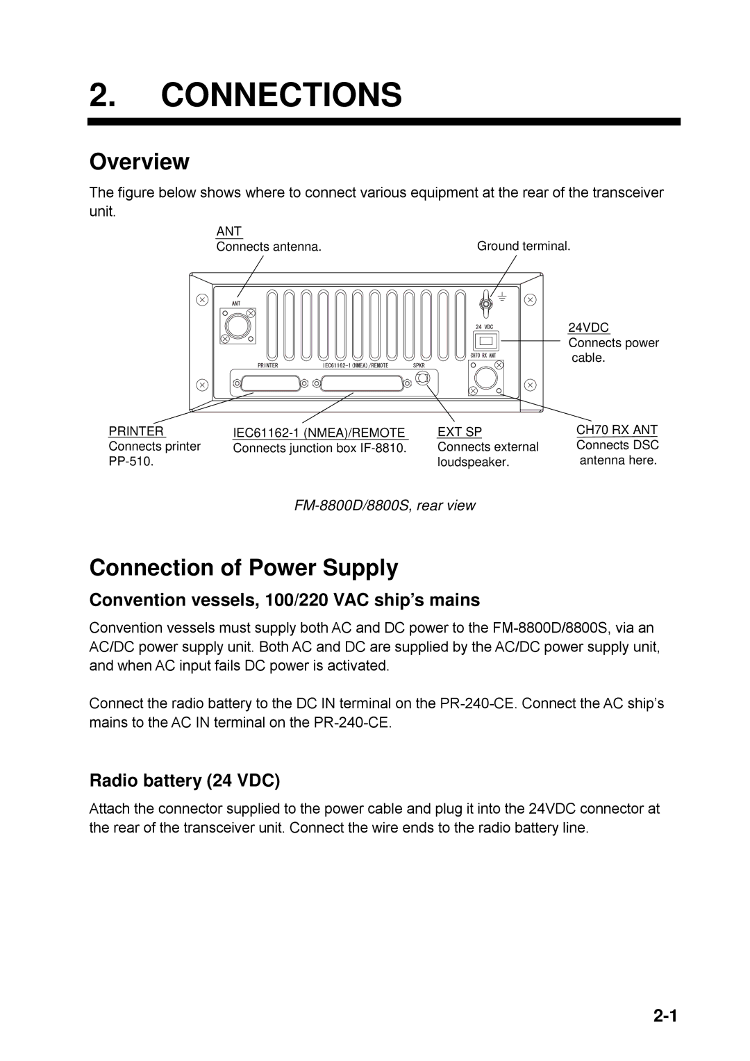 Furuno FM-8800D/8800S manual Overview, Connection of Power Supply, Convention vessels, 100/220 VAC ship’s mains 