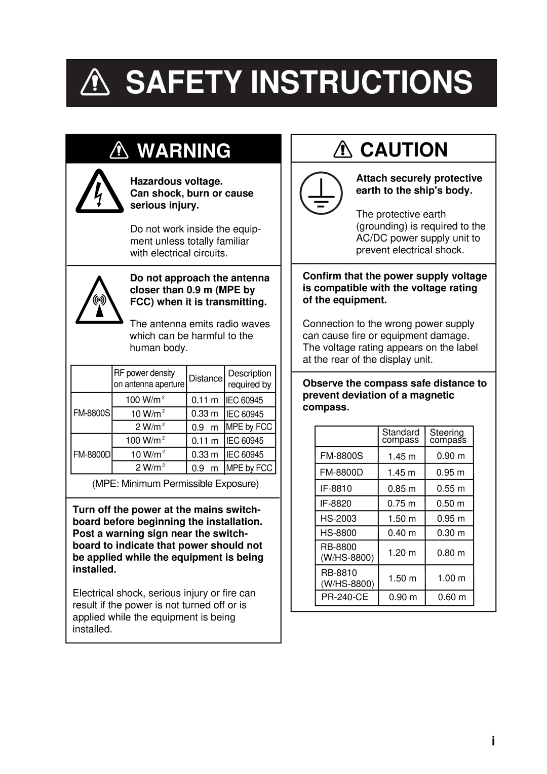 Furuno FM-8800D/8800S manual Safety Instructions 