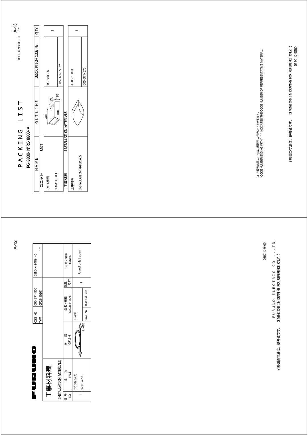 Furuno FM-8800D/8800S manual 工事材料表 