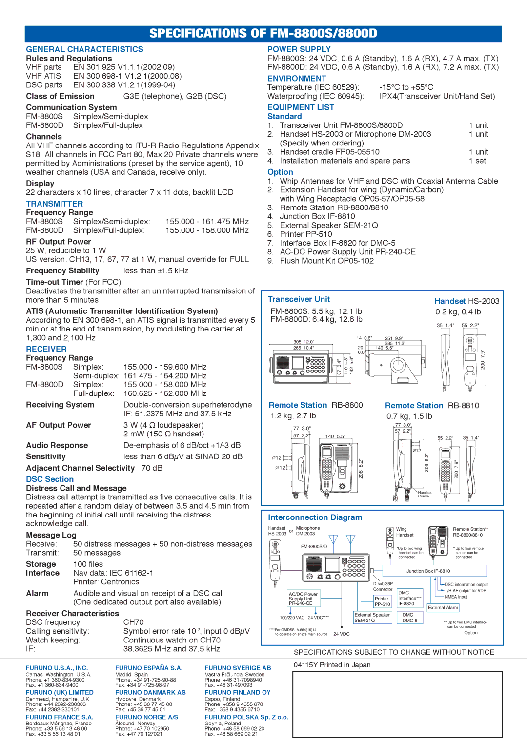 Furuno FM-8800S manual General Characteristics, Transmitter, Power Supply, Environment, Equipment List, Receiver 