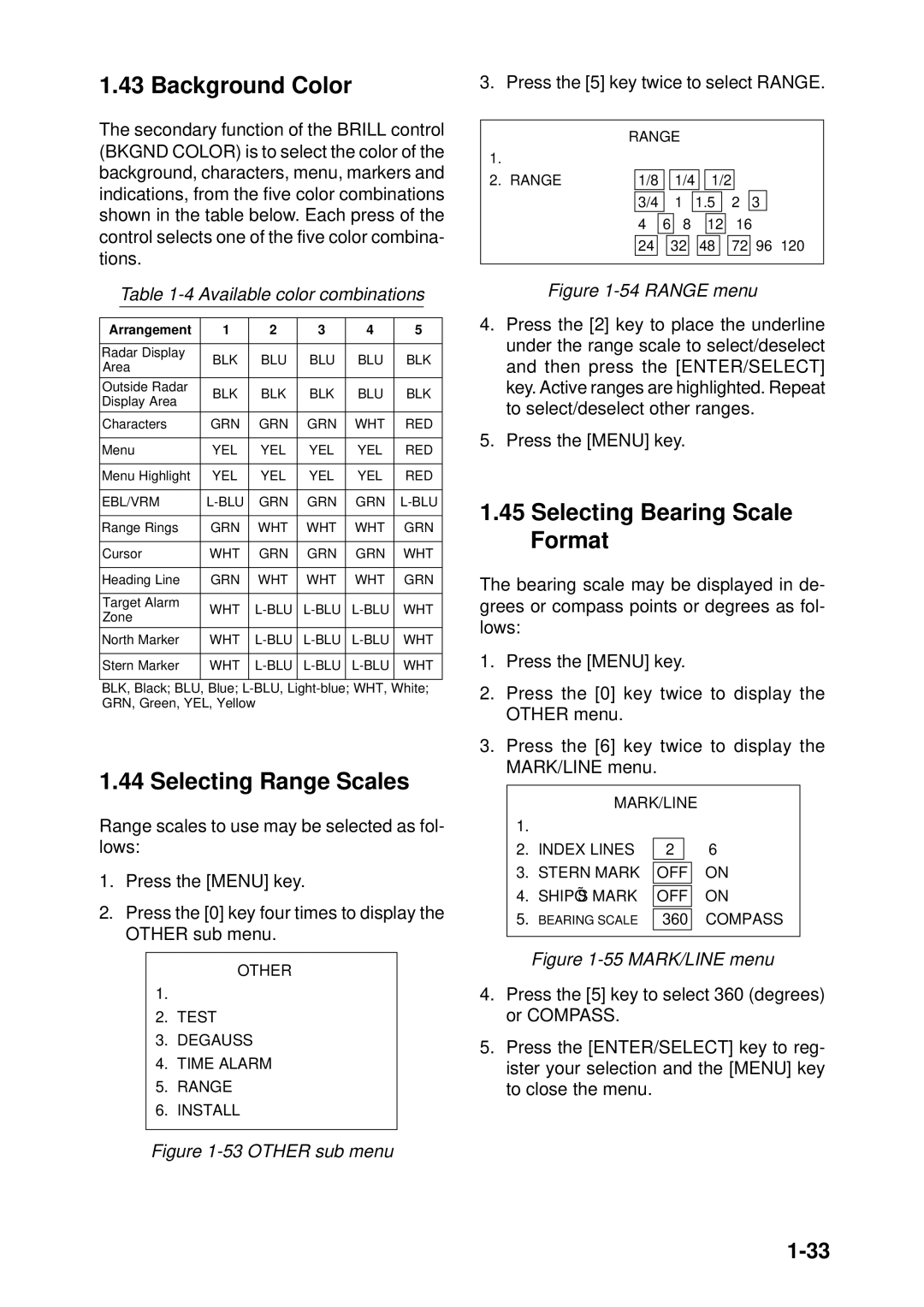 Furuno FR-1710 Background Color, Selecting Range Scales, Selecting Bearing Scale Format, Available color combinations 